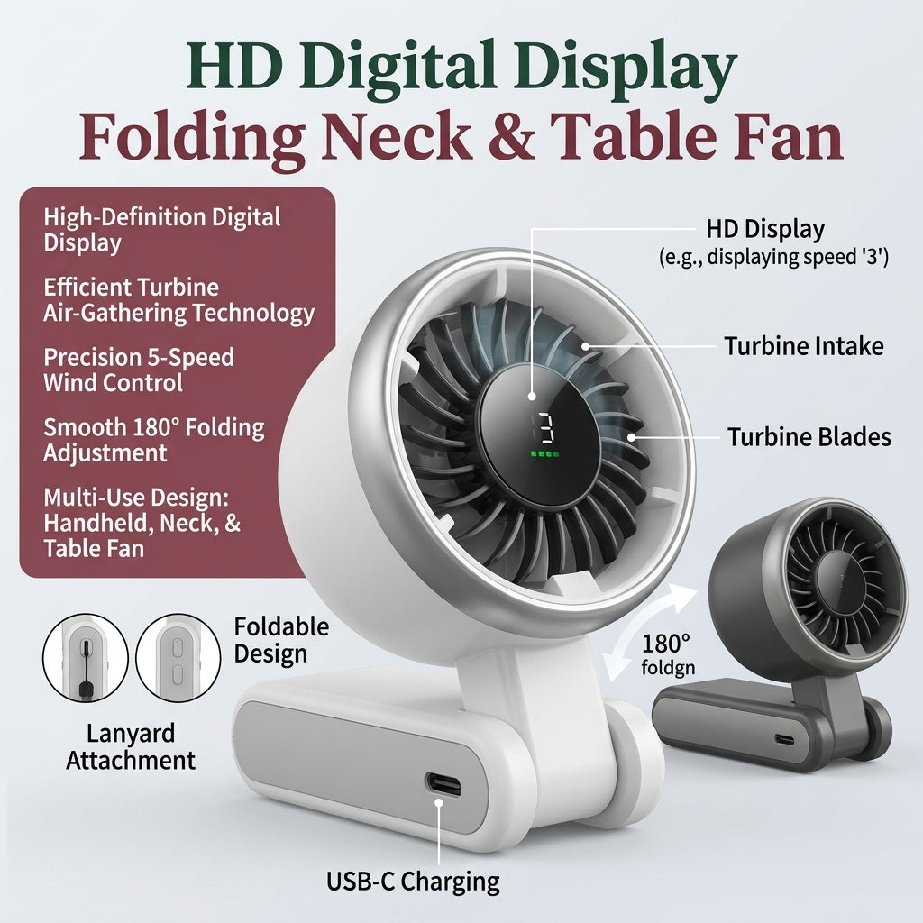 HD Display Turbine Fan – 5-Speed Foldable & Portable